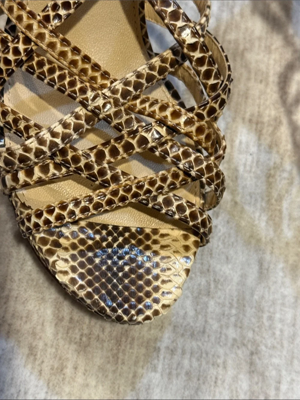 Women’s 7.5 Snake-Print Strappy Heels in Brown and Tan with platform